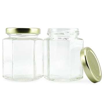 Cornucopia 6-Ounce Hexagon Glass Jars (12-Pack); Empty Hex Jars w/Gold Lids for Party Favors, Jams, Samples & More