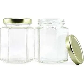 Cornucopia 6-Ounce Hexagon Glass Jars (12-Pack); Empty Hex Jars w/Gold Lids for Party Favors, Jams, Samples & More
