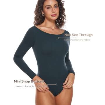 INLYRIC Women's Natrelax Long Sleeve Bodysuit Boat Neck Stretchy Basic Tops True Navy Medium