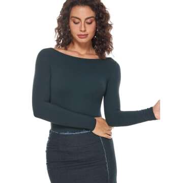 INLYRIC Women's Natrelax Long Sleeve Bodysuit Boat Neck Stretchy Basic Tops True Navy Medium
