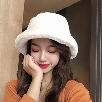Winter Faux Fur Furry White Bucket Hat Fluffy Fuzzy Warm Hat Plush Fisherman Hat for Women Teens Girls