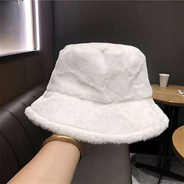 Winter Faux Fur Furry White Bucket Hat Fluffy Fuzzy Warm Hat Plush Fisherman Hat for Women Teens Girls