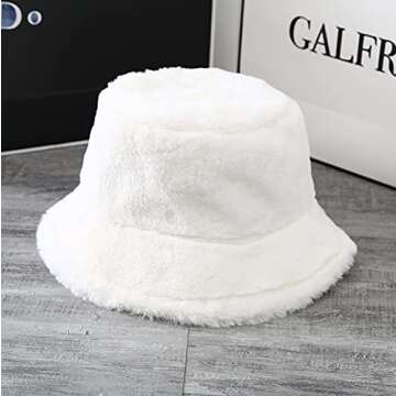 Winter Faux Fur Furry White Bucket Hat Fluffy Fuzzy Warm Hat Plush Fisherman Hat for Women Teens Girls