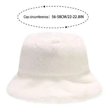Winter Faux Fur Furry White Bucket Hat Fluffy Fuzzy Warm Hat Plush Fisherman Hat for Women Teens Girls