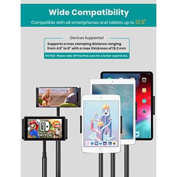 Tablet Stand Holder, Klearlook Metallic Multi-Angle Adjustable Stand Holder 360 Degree Swivel Rotation Flexible Arm for All Smartphones and Tablets Up to 12.9 Inches Black