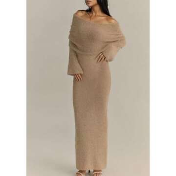 Unybwonn Sexy Off Shoulder Crochet Maxi Dress for Women Bodycon Stretchy Mesh Knit Dress Long Sleeve Party Wrap Dresses Apricot