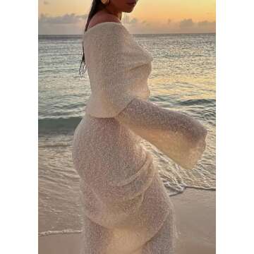 Unybwonn Sexy Off Shoulder Crochet Maxi Dress for Women Bodycon Stretchy Mesh Knit Dress Long Sleeve Party Wrap Dresses Apricot