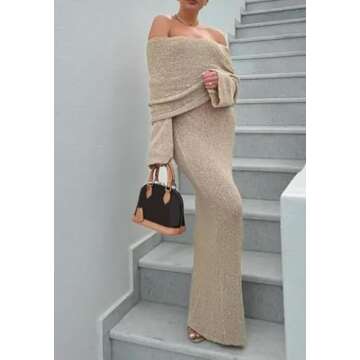Unybwonn Sexy Off Shoulder Crochet Maxi Dress for Women Bodycon Stretchy Mesh Knit Dress Long Sleeve Party Wrap Dresses Apricot