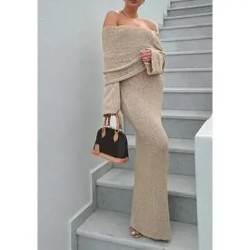 Unybwonn Sexy Off Shoulder Crochet Maxi Dress for Women Bodycon Stretchy Mesh Knit Dress Long Sleeve Party Wrap Dresses Apricot