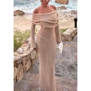 Unybwonn Sexy Off Shoulder Crochet Maxi Dress for Women Bodycon Stretchy Mesh Knit Dress Long Sleeve Party Wrap Dresses Apricot