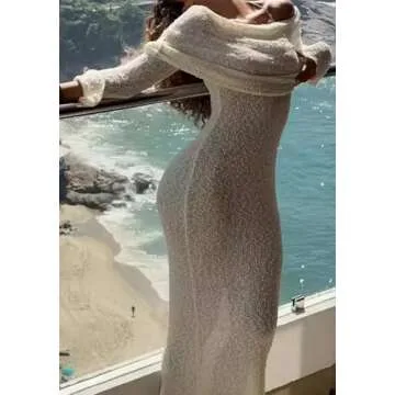 Unybwonn Sexy Off Shoulder Crochet Maxi Dress for Women Bodycon Stretchy Mesh Knit Dress Long Sleeve Party Wrap Dresses Apricot