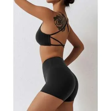 ABOCIW 2 Piece Outfits for Women Workout Sets Criss Cross Back Strappy Sports Bra Scrunch Butt liftings High Waist Booty Shorts Yoga Gym Sets Bra + Shorts Black Small