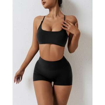 ABOCIW 2 Piece Outfits for Women Workout Sets Criss Cross Back Strappy Sports Bra Scrunch Butt liftings High Waist Booty Shorts Yoga Gym Sets Bra + Shorts Black Small