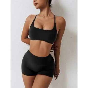 ABOCIW 2 Piece Outfits for Women Workout Sets Criss Cross Back Strappy Sports Bra Scrunch Butt liftings High Waist Booty Shorts Yoga Gym Sets Bra + Shorts Black Small