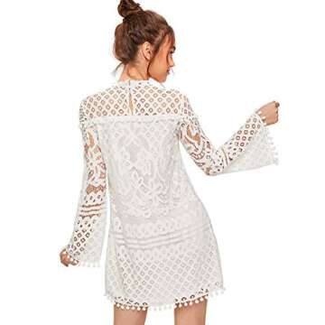 SheIn Women's Crochet Pom-pom Sheer Lace Bell Sleeve Dress Medium White