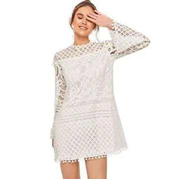 SheIn Women's Crochet Pom-pom Sheer Lace Bell Sleeve Dress Medium White