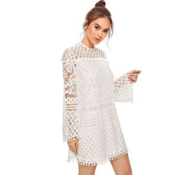 SheIn Women's Crochet Pom-pom Sheer Lace Bell Sleeve Dress Medium White