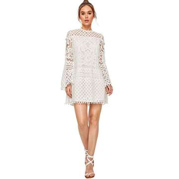 SheIn Women's Crochet Pom-pom Sheer Lace Bell Sleeve Dress Medium White