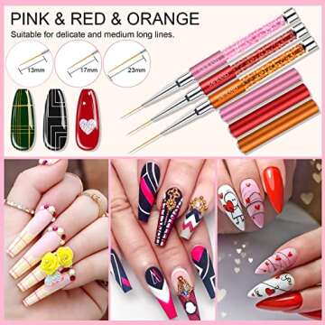 Saviland 6pcs Nail Art Liner Brushes Set: Nail Gel Polish Painting Nail Art Design Brush Pen Set with Crushed Diamond Rhinestones Handle for Pulling Lines, Sizes 7/9/11/13/17/23 mm, Christmas Gifts