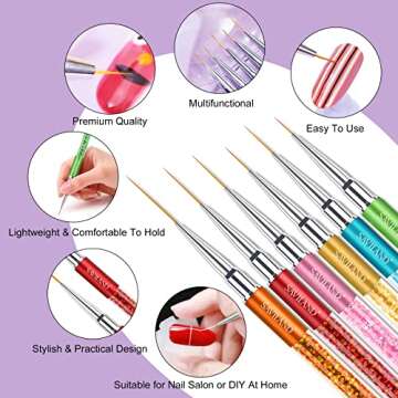 Saviland 6pcs Nail Art Liner Brushes Set: Nail Gel Polish Painting Nail Art Design Brush Pen Set with Crushed Diamond Rhinestones Handle for Pulling Lines, Sizes 7/9/11/13/17/23 mm, Christmas Gifts