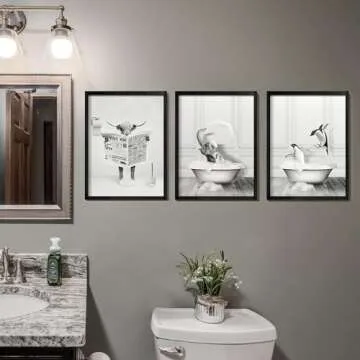 Heiple Set of 3 Framed Bathroom Wall Art Funny Penguin, Cow & Elephant for Funny Bathroom Wall Decor Hanging Farmhouse Home Bathroom Decor Sets Vintage Humor Animals Wall Art Bathroom