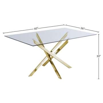 Meridian Furniture Xander Collection Modern | Contemporary Tempered Glass Top Dining Table with Durable Metal Base, 60" W x 36" D x 30" H, Gold Finish