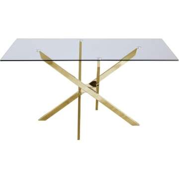 Meridian Furniture Xander Collection Modern | Contemporary Tempered Glass Top Dining Table with Durable Metal Base, 60" W x 36" D x 30" H, Gold Finish