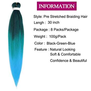Pre stretched Braiding Hair 30 Inch 8 Packs Professional Hair Extensions Synthetic Braid Hair Crochet Braids Soft Yaki Texture Hot Water Setting(30",mixed black & green & blue)