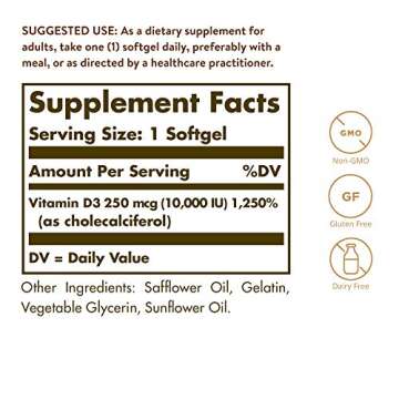 Solgar Vitamin D3 (Cholecalciferol) 250 MCG (10,000 IU), 120 Softgels - Helps Maintain Healthy Bones...