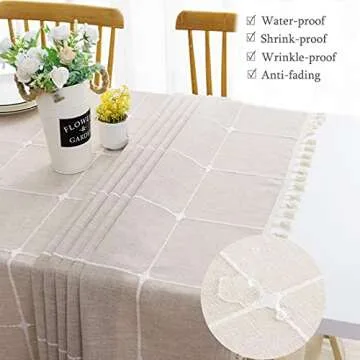 Lipo Waterproof Tablecloth Embroidery Burlap Linen with Tassel - Heavy Duty Fabric Wrinkle Free Rectangle Table Cloth for Tables Rustic Farmhouse Outdoor Tablecloths for Party Kitchen Dining