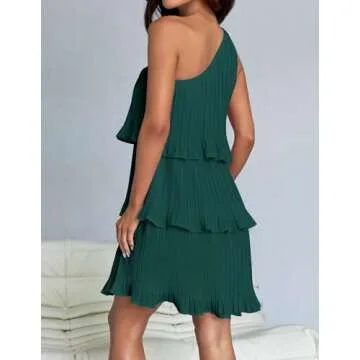 ZESICA Women's 2025 Summer Sleeveless Mini Dress Boho One Shoulder Ruffle Tiered Layered Chiffon Flowy A Line Dresses,Dark Green,Small