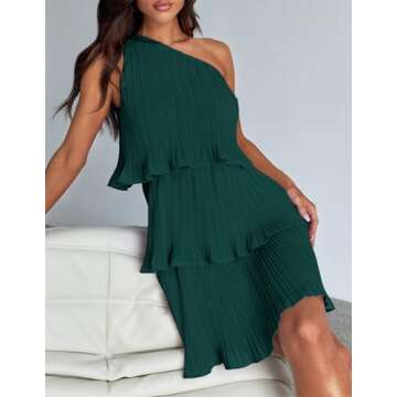ZESICA Women's 2025 Summer Sleeveless Mini Dress Boho One Shoulder Ruffle Tiered Layered Chiffon Flowy A Line Dresses,Dark Green,Small