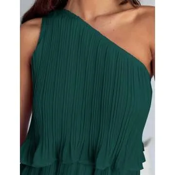 ZESICA Women's 2025 Summer Sleeveless Mini Dress Boho One Shoulder Ruffle Tiered Layered Chiffon Flowy A Line Dresses,Dark Green,Small