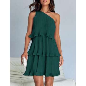 ZESICA Women's 2025 Summer Sleeveless Mini Dress Boho One Shoulder Ruffle Tiered Layered Chiffon Flowy A Line Dresses,Dark Green,Small