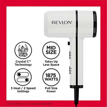 REVLON Crystal C + Ceramic Compact Hair Dryer | 1875W Blow Dryer with Crystal C Technology for Shiny Long-Lasting Shine and Less Frizz | Lightweight (White/Black)