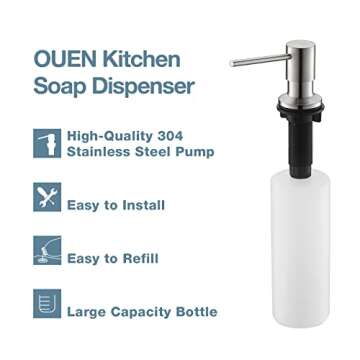 Soap Dispenser for Kitchen Sink, OUEN Brushed Nickel Built in Pump Soap Dispensers, Stainless Steel Sink Soap Dispenser or Lotion Dispenser Pump with Above the Sink Refillable 17OZ Large Liquid Bottle