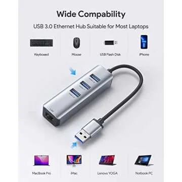 High-Speed USB 3.0 to Ethernet Adapter with Hub Functionality