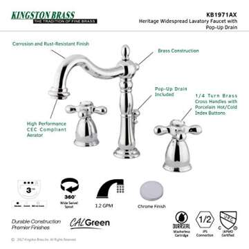 Kingston Brass KB1971AX Heritage Widespread Lavatory Faucet, Polished Chrome,8-Inch Adjustable Center