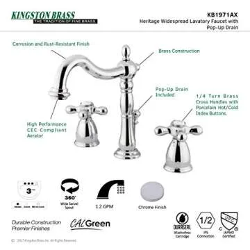 Kingston Brass KB1971AX Heritage Widespread Lavatory Faucet, Polished Chrome,8-Inch Adjustable Center