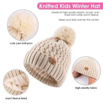 DOCVIT Kids Winter Beanie Pom Pom Hat Set for Ages 3-9