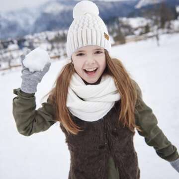 DOCVIT Kids Winter Beanie Hat, Children’s Warm Knitted Fleece Lined Woollen Ski Pompom Hat for Boys & Girls 3-9 Years Beige