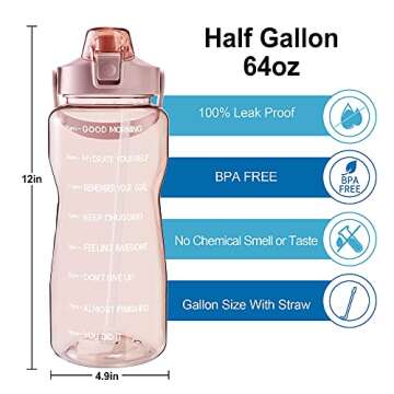EYQ Half Gallon Water Bottles with Times to Drink, 64oz Leakproof Free Drinking Motivational Water B...