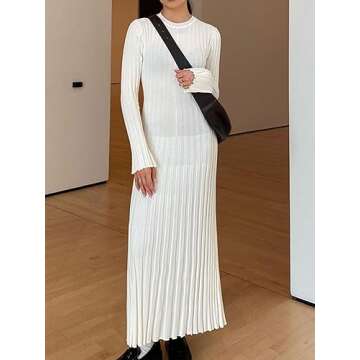 Sunloudy Women Crewneck Knit Maxi Dress Bell Long Sleeve Ruched Ribbed Bodycon Long Sweater Dress St...