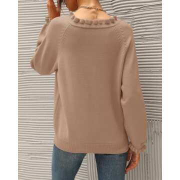 BTFBM Womens Sweaters Fall Winter Clothes 2025 Long Sleeve Button Down Ruffle Crew Neck Casual Knitted Pullover Tops(Solid Khaki, X-Large)