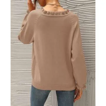 BTFBM Womens Sweaters Fall Winter Clothes 2025 Long Sleeve Button Down Ruffle Crew Neck Casual Knitted Pullover Tops(Solid Khaki, X-Large)