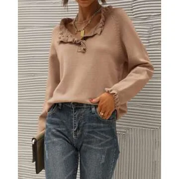 BTFBM Womens Sweaters Fall Winter Clothes 2025 Long Sleeve Button Down Ruffle Crew Neck Casual Knitted Pullover Tops(Solid Khaki, X-Large)
