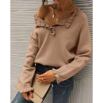 BTFBM Womens Sweaters Fall Winter Clothes 2025 Long Sleeve Button Down Ruffle Crew Neck Casual Knitted Pullover Tops(Solid Khaki, X-Large)