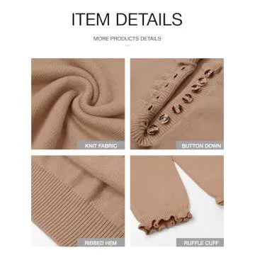 BTFBM Womens Sweaters Fall Winter Clothes 2025 Long Sleeve Button Down Ruffle Crew Neck Casual Knitted Pullover Tops(Solid Khaki, X-Large)