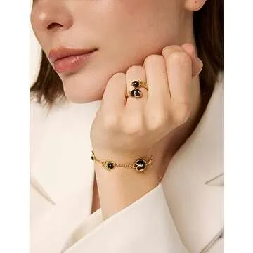 N9NEMUSES 18K Gold Black Onyx Statement Ring, Open Adjustable Ring for Women | Adjustable Size from 5.5 to 7.5