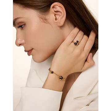 N9NEMUSES 18K Gold Black Onyx Statement Ring, Open Adjustable Ring for Women | Adjustable Size from 5.5 to 7.5